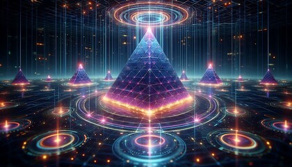 3D holographic pyramids with glowing bases, floating over an endless grid