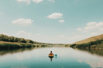 Paddling calmly on a serene river surrounded by lush greenery on a sunny day