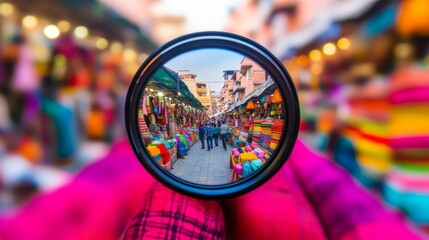 Lens reflecting a colorful marketplace, capturing the vibrancy of life around it, lens market reflection, cultural immersion
