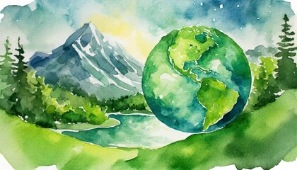 Beautiful green Earth watercolor artwork featuring a hand-drawn design. This eco-inspired painting highlights natures beauty, emphasizing sustainability, environmental awareness, and