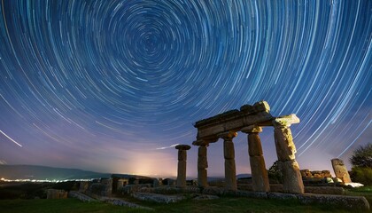 Fototapeta premium Time-Lapse of a Star Trail in the Night Sky Over an Ancient Stone Structure with Clear Sky