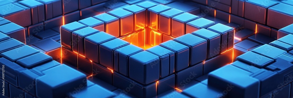 Aufkleber A 3D abstract design featuring glowing orange elements within a blue block structure.