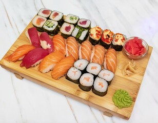 A traditional Japanese sushi platter with a variety of nigiri, sashimi, and maki rolls, garn
