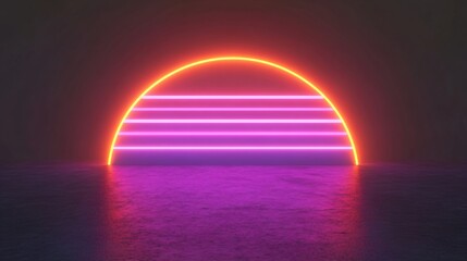 Retro neon sunset with orange and purple stripes. Synthwave style background with glowing sun reflection. Futuristic 80s aesthetic design for music, gaming, poster with copy space
