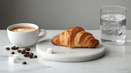 Enjoying coffee and croissant at a modern breakfast setting on a marble table