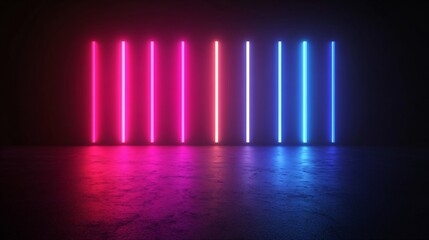 Vertical neon lights on dark wall creating gradient from pink to blue. Modern nightclub interior design. Futuristic urban background for party, concert or tech event. Copy space