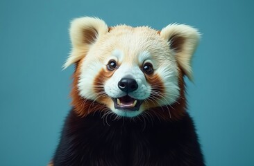 Obraz premium Red panda face close up. Cute animal, lesser panda with its mouth open, as if it is smiling. Fun concept for advertising banner. Poster or postcard. Blue Background