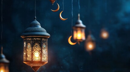 Fototapeta premium Glowing Lanterns and Crescent Moons Celebrate Ramadan