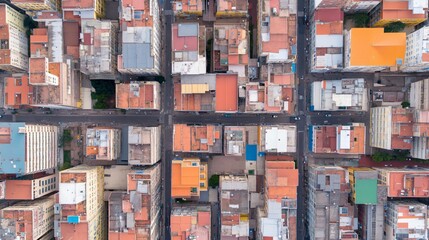 Aerial view of dense urban neighborhood with terracotta rooftops and narrow streets. Birds eye perspective of residential district in Latin American city. Urban planning concept