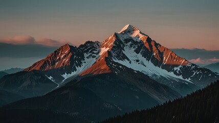 Majestic snow-capped mountain peak at sunset, illuminated by golden hour light, overlooking a dark forest.
