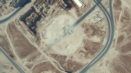 Aerial view of industrial construction site with curved road and earthworks. Desert landscape development project. Urban planning and infrastructure expansion with sandy terrain
