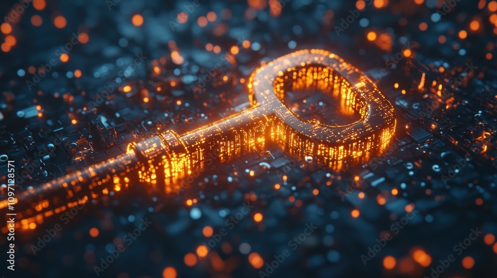 Poster a glowing digital key amidst a futuristic landscape of data and circuitry.