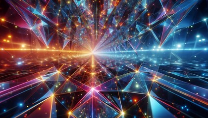 Infinite mirrored surfaces with glowing triangles and prisms reflecting vibrant colors in 3D space