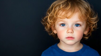 Fototapeta premium Young child with curly blonde hair wearing blue shirt against dark background. Close up portrait with bright blue eyes. Artistic studio photo for family albums, cards and holiday greetings