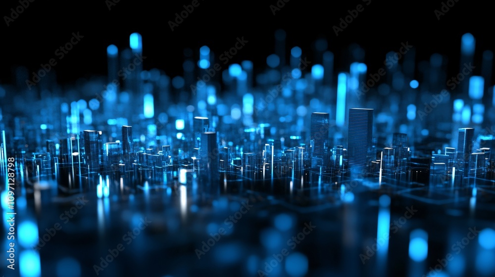 Fototapete blue glowing digital pillars in dark space. abstract technological civilization landscape. futuristi
