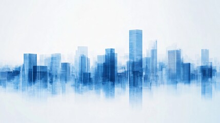 Modern city skyline silhouette in blue watercolor style with fog effect. Urban landscape with high-rise buildings and skyscrapers. Abstract cityscape for banner design with copy space