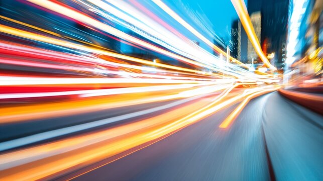 High speed motion blur on night city street. Abstract urban light trails in modern metropolis. Dynamic transportation background for technology, future, traffic concepts