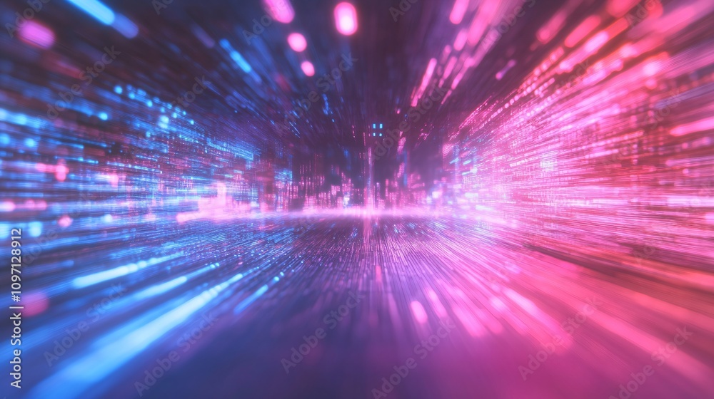 Fototapete Digital light explosion in blue and pink colors. Abstract technology background with motion blur effect. Futuristic cyber space tunnel. Dynamic digital art for tech banner with copy space