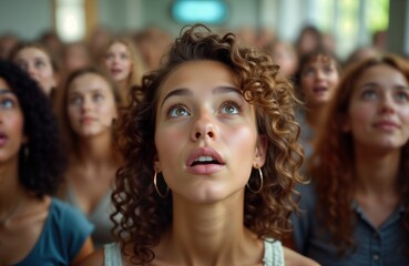 Fototapeta premium Woman with curly hair looks up. Crowd of females watch speaker. Audience listens attentively. People at conference. Group of girls at meeting. Many women at event. Faces of young people.