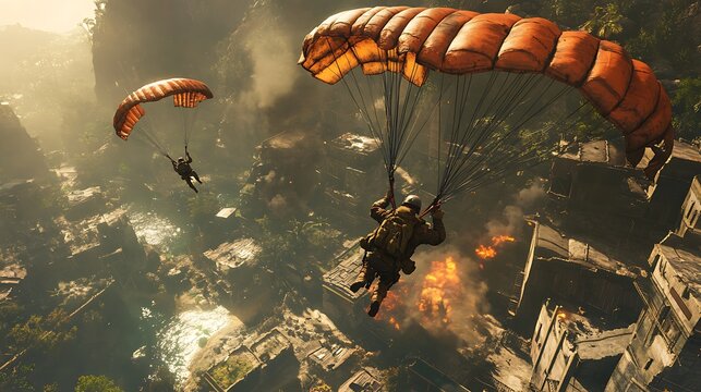 Parachute falling into the battlefield, Video game scene