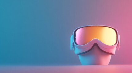 Virtual reality headset on gradient background from blue to pink. Modern VR glasses. Gaming and entertainment technology. Futuristic device concept with copy space