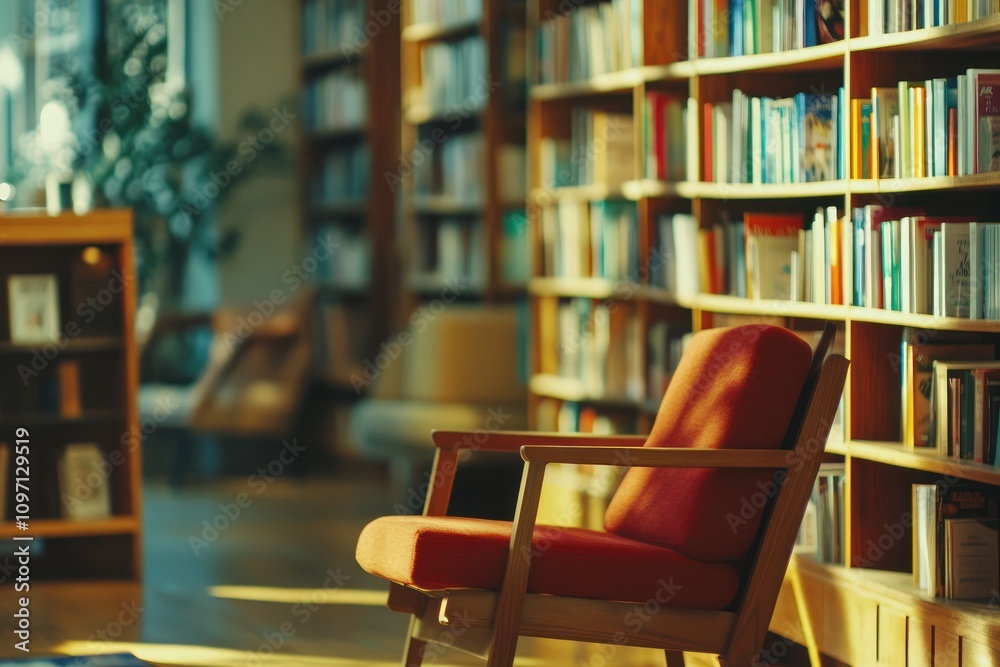 Poster a cozy reading nook in a library with a red chair and bookshelves filled with books.