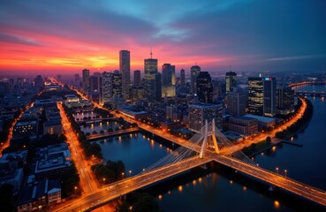 Obraz premium Aerial city view sunset. Skyscrapers illuminated. Bridge connects urban landscape. Downtown lights. Night cityscape. Urban architecture. Modern city. Beautiful skyline. Tall buildings. Cityscape