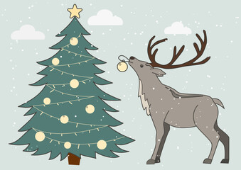 Naklejka premium poster of a reindeer and a Christmas tree with balls