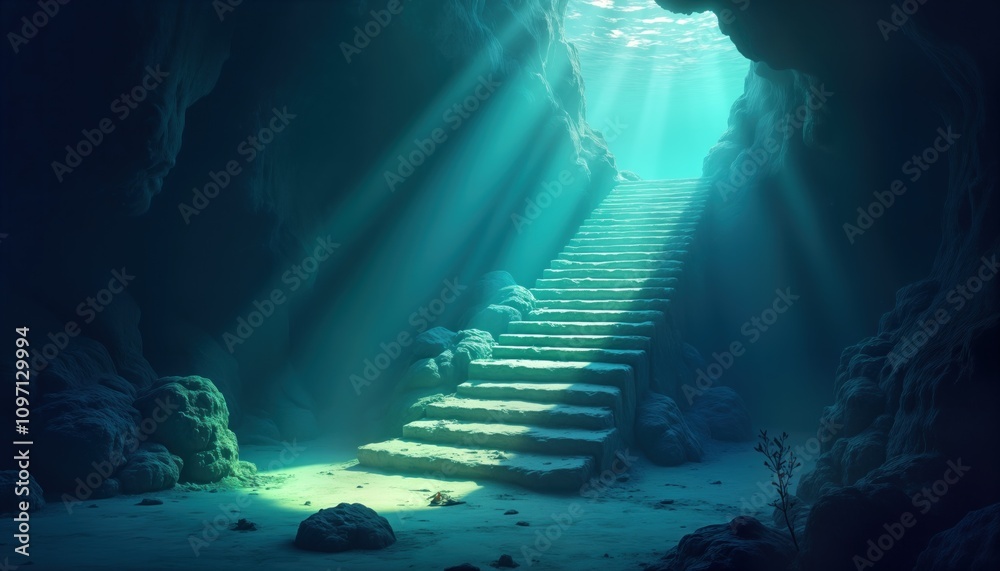 Poster submerged staircase in ocean cave. sunlight rays illuminate steps. underwater scene. aquatic explora