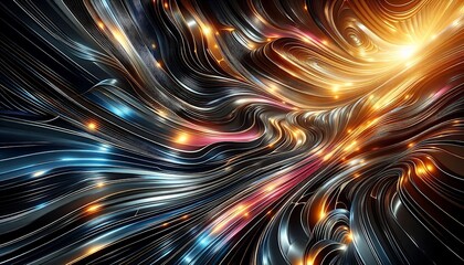 Abstract metallic waves with reflections of glowing neon colors, seamless design