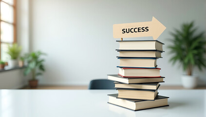 Fototapeta premium A towering stack of books with a bold banner at the top reading Knowledge = Success, placed in a minimalist office space, highlighting learning as a tool for business success.