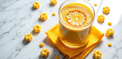 Golden mango smoothie with flower-shaped fruits on marble