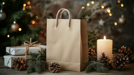Rustic kraft paper bag mockup with holiday decor