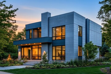 Fototapeta premium Contemporary home elevation featuring a slate grey facade and precision cutouts, clear evening sky.
