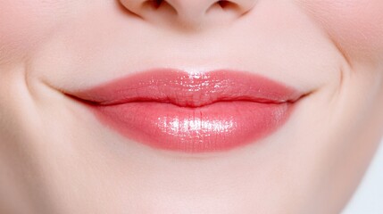Beautiful glossy coral pink lips on light skin. Close up macro shot of woman's mouth. Natural beauty and makeup concept. Perfect for cosmetics and beauty product advertisement