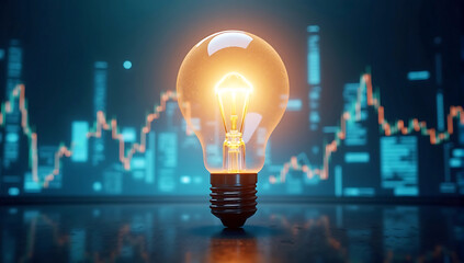 A glowing light bulb with overlaid holographic financial charts and growth indicators, representing innovation and business success.