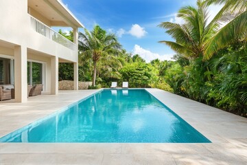 Relaxing oasis with a sparkling pool surrounded by lush greenery in a tropical setting