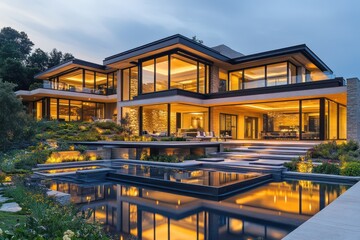 Obraz premium Contemporary home elevation featuring a sophisticated design with cascading terraces and reflective surfaces, morning haze.