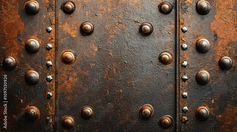 Aufkleber Rustic metal surface with rivets and decorative stripes creating a unique frame, highlighting a mix of textures and industrial aesthetics