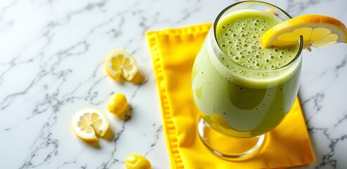 Green smoothie with lemon slice on marble background
