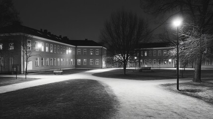 Winter night campus view with illuminated buildings and snow covered paths. Empty university courtyard under street lights. Dark evening academic atmosphere. Black and white urban scene
