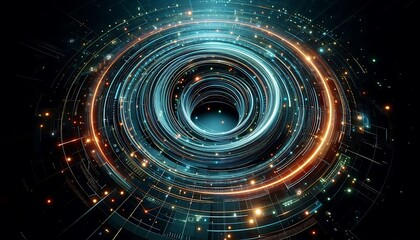 Obraz premium Futuristic rings of glowing neon light spinning in dark, infinite void