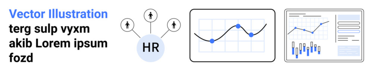 HR network with connected icons, line graph, bar chart, and textual data. Ideal for HR analysis, data visualization, organizational growth, employee tracking, business reports, analytics