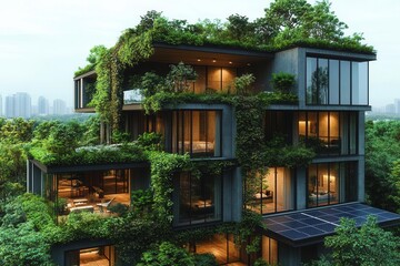 sustainable housing concept featuring eco-friendly homes with lush greenery, solar panels, and modern designs. the composition embodies harmony with nature, showcasing innovation in architecture