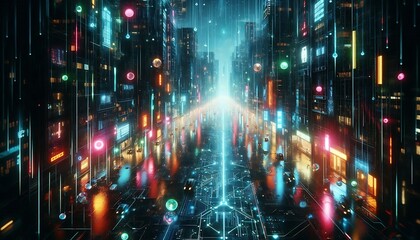 Obraz premium Cyberpunk rain with glowing droplets reflecting neon city lights in dark
