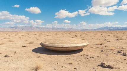 Obraz premium Empty wooden round plate on cracked desert ground under blue sky with white clouds. Dry landscape with mountains. Natural minimal composition for food presentation or mockup