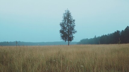 Fototapeta premium Solitary birch tree standing in golden autumn field during misty morning. Rural landscape with dry grass and forest edge. Scenic countryside view. Moody nature background for banner design
