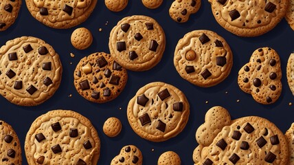 Assorted delicious chocolate chip cookies on dark background.