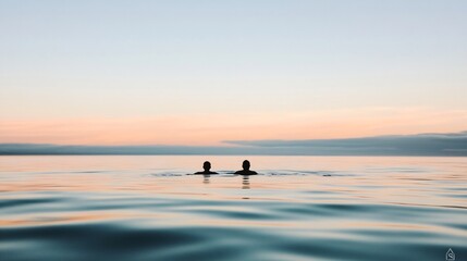 Fototapeta premium Two people swimming in calm ocean water during sunset. Beautiful serene seascape with swimmers enjoying peaceful evening. Summer vacation, travel concept. Tranquil nature scenery for wellness