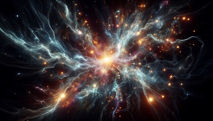 Fototapeta premium Electric storm of glowing light particles swirling in dark space, evoking digital chaos